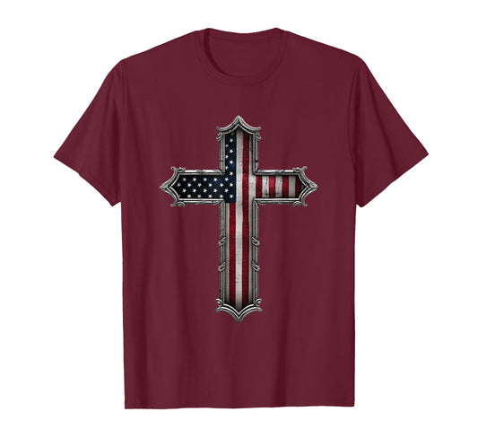 Cross USA Flag Christian Religious US America Faith Graphic T-Shirt