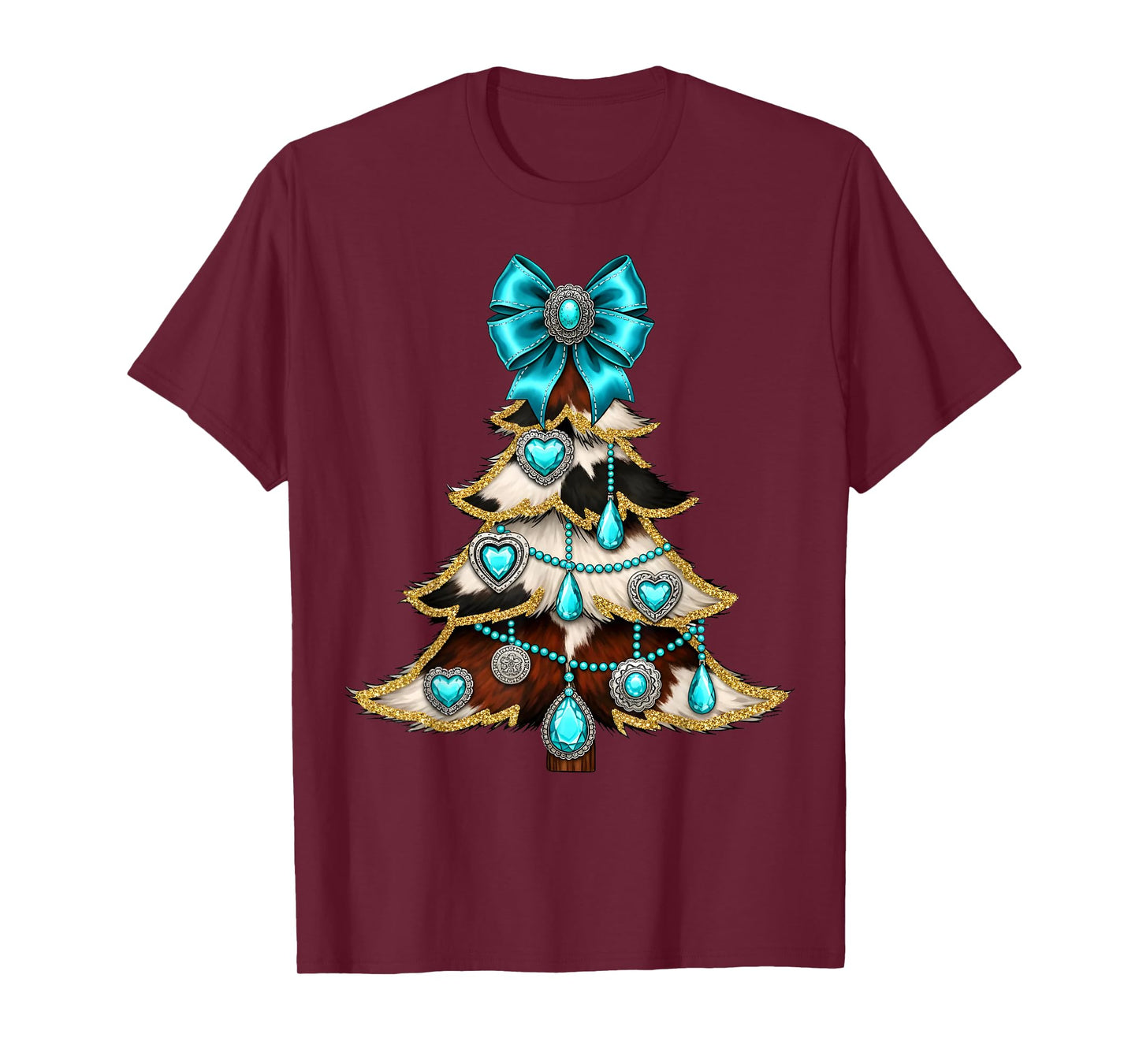 Western Xmas Tree Turquoise Cowhide Cowgirl Farmer Holiday T-Shirt
