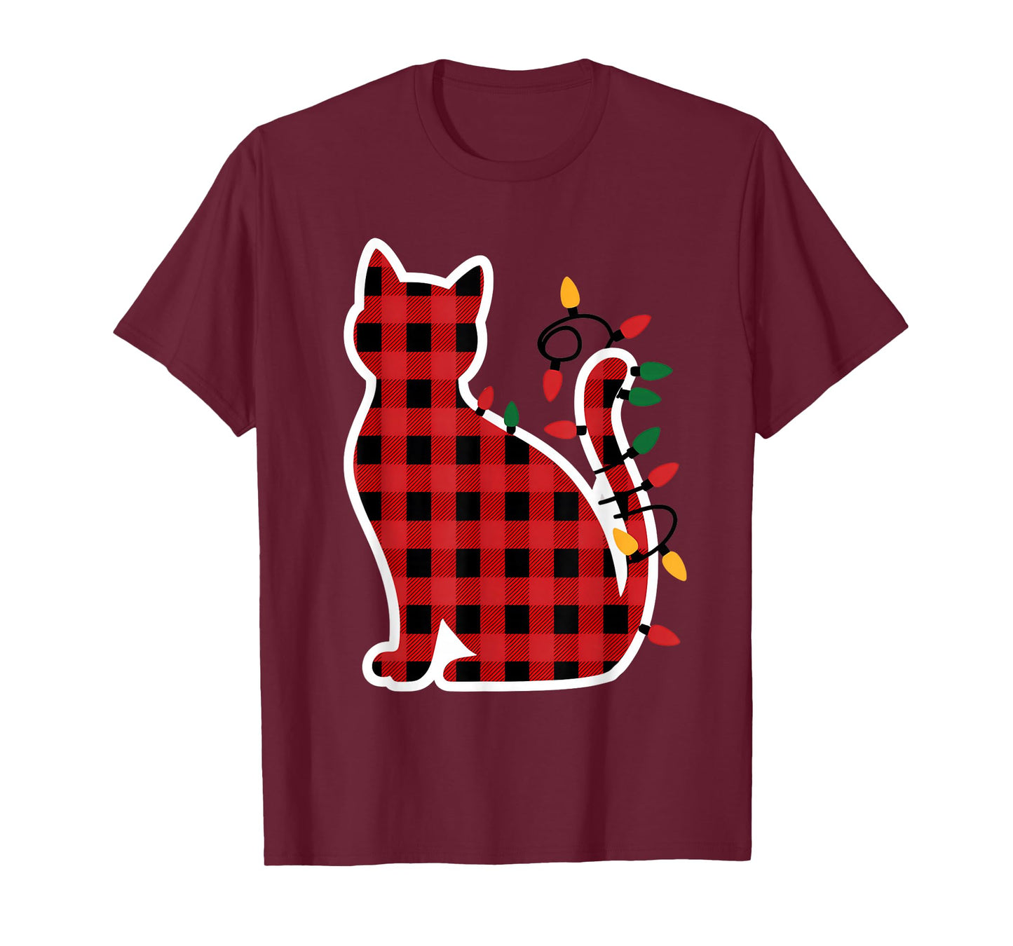 Red and Black Buffalo Plaid Cat Christmas Lights Men Women T-Shirt