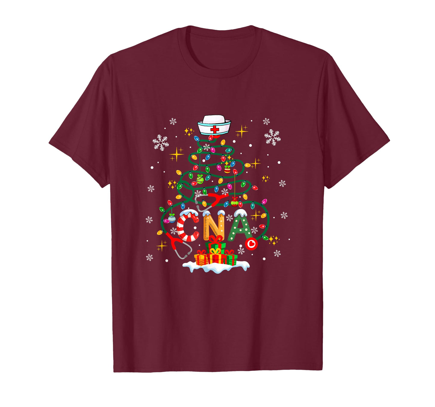 CNA Nurse Stethoscope Colorful Lights Xmas Tree Job Team T-Shirt
