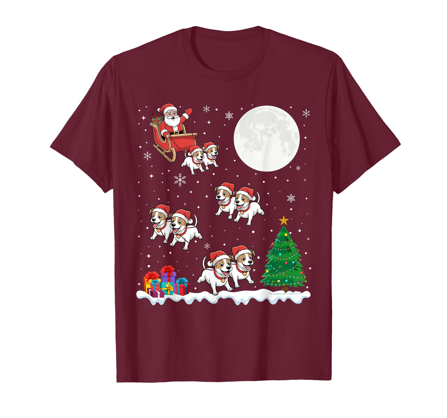 Xmas Tree Lights Santa Riding Sleigh Jack Russell Terrier T-Shirt