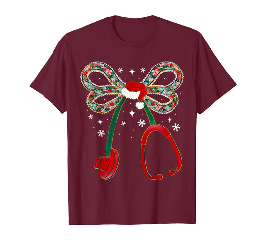 Christmas Nurse Coquette Bow Stethoscope Nursing Xmas Pjs T-Shirt