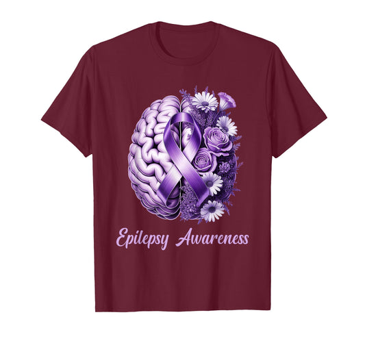 Epilepsy Awarenss Floral Brain Purple Ribbon Support T-Shirt
