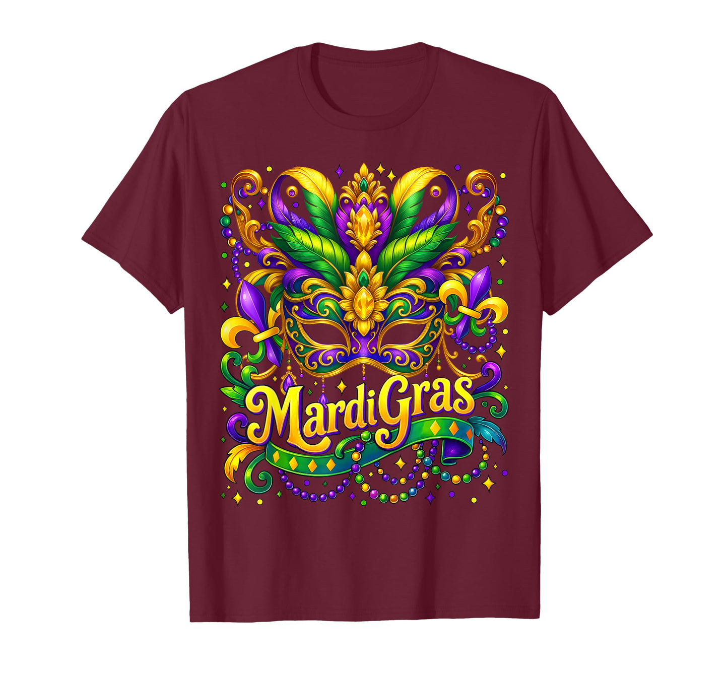 Happy Mardi Gras Mask Fleur De Lis Beads Carnival Party T-Shirt