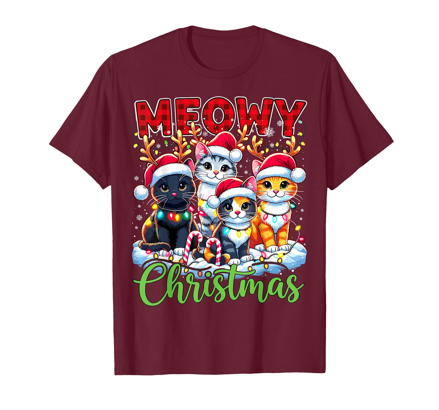 Meowy Christmas Reindeer Xmas Lights Santa Cat T-Shirt