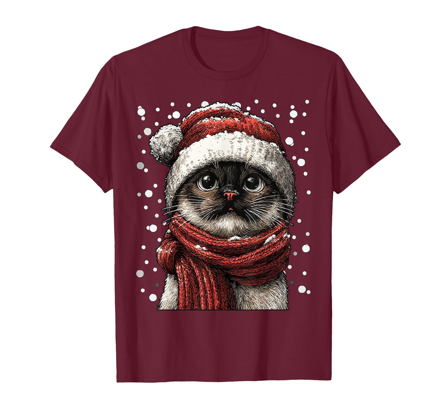 Snowy Siamese Cat with Snow Santa Hat Winter Christmas T-Shirt