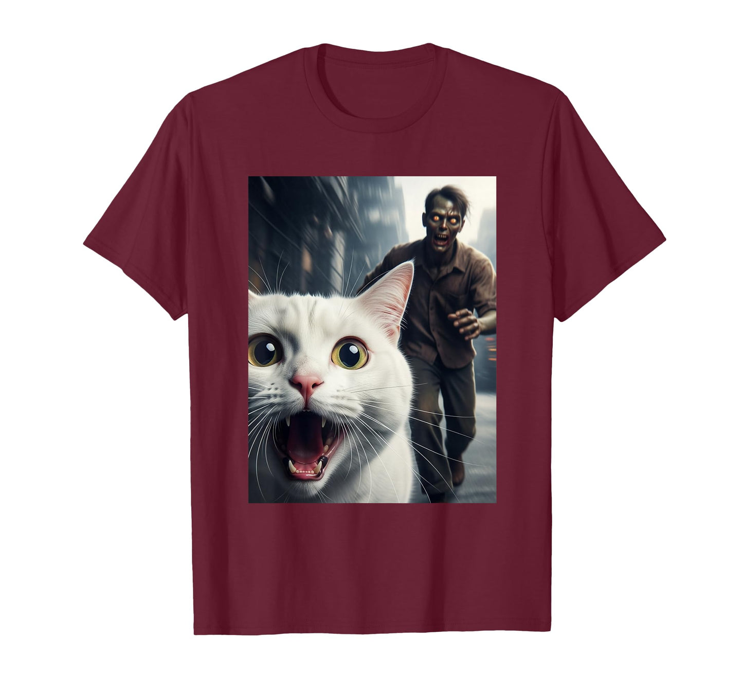 White Cat Selfie with Zombie Funny Pet Owner Graphic T-Shirt