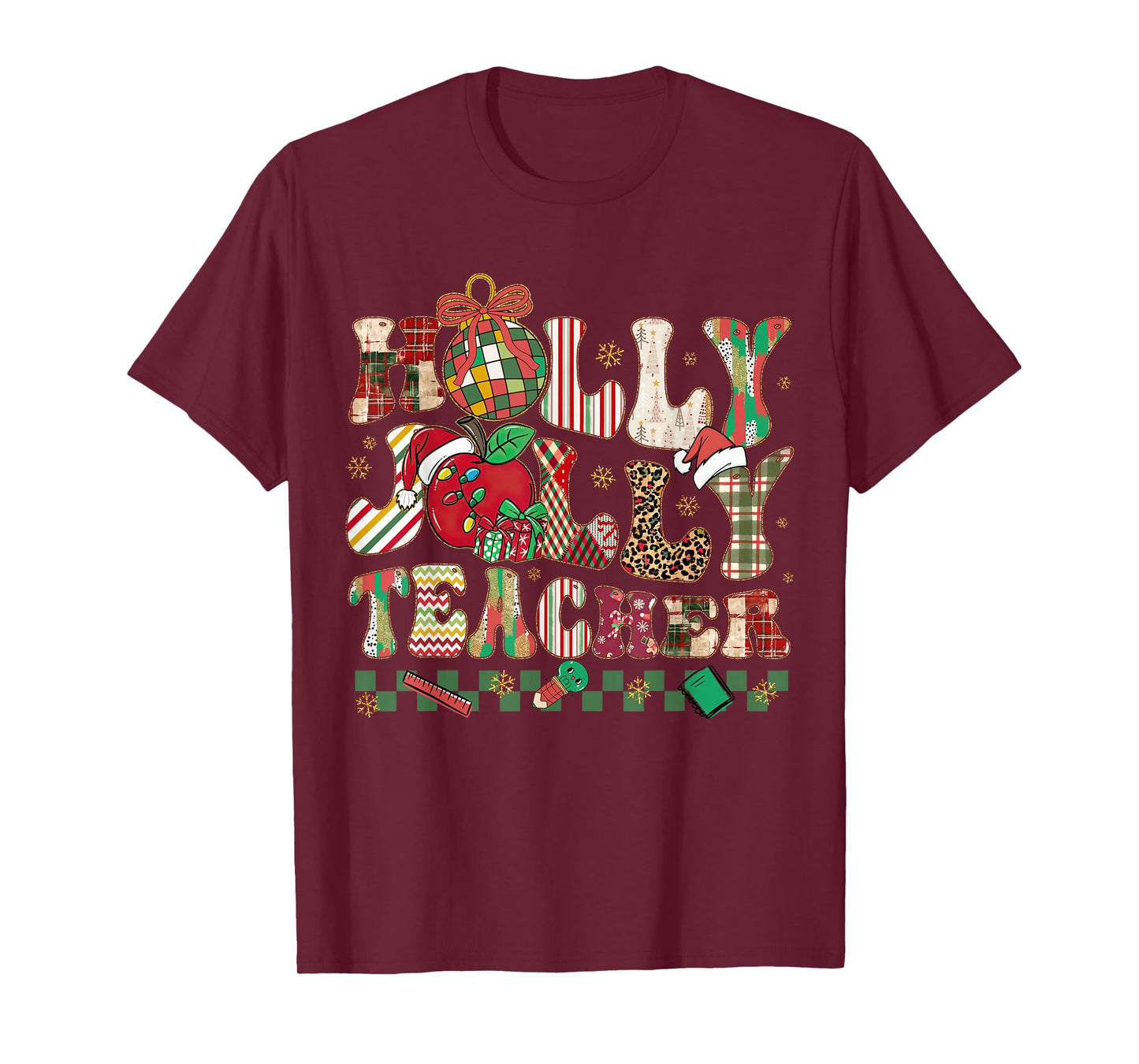 Holly-Jolly Teacher Christmas Patchwork Xmas Teaching Women T-Shirt