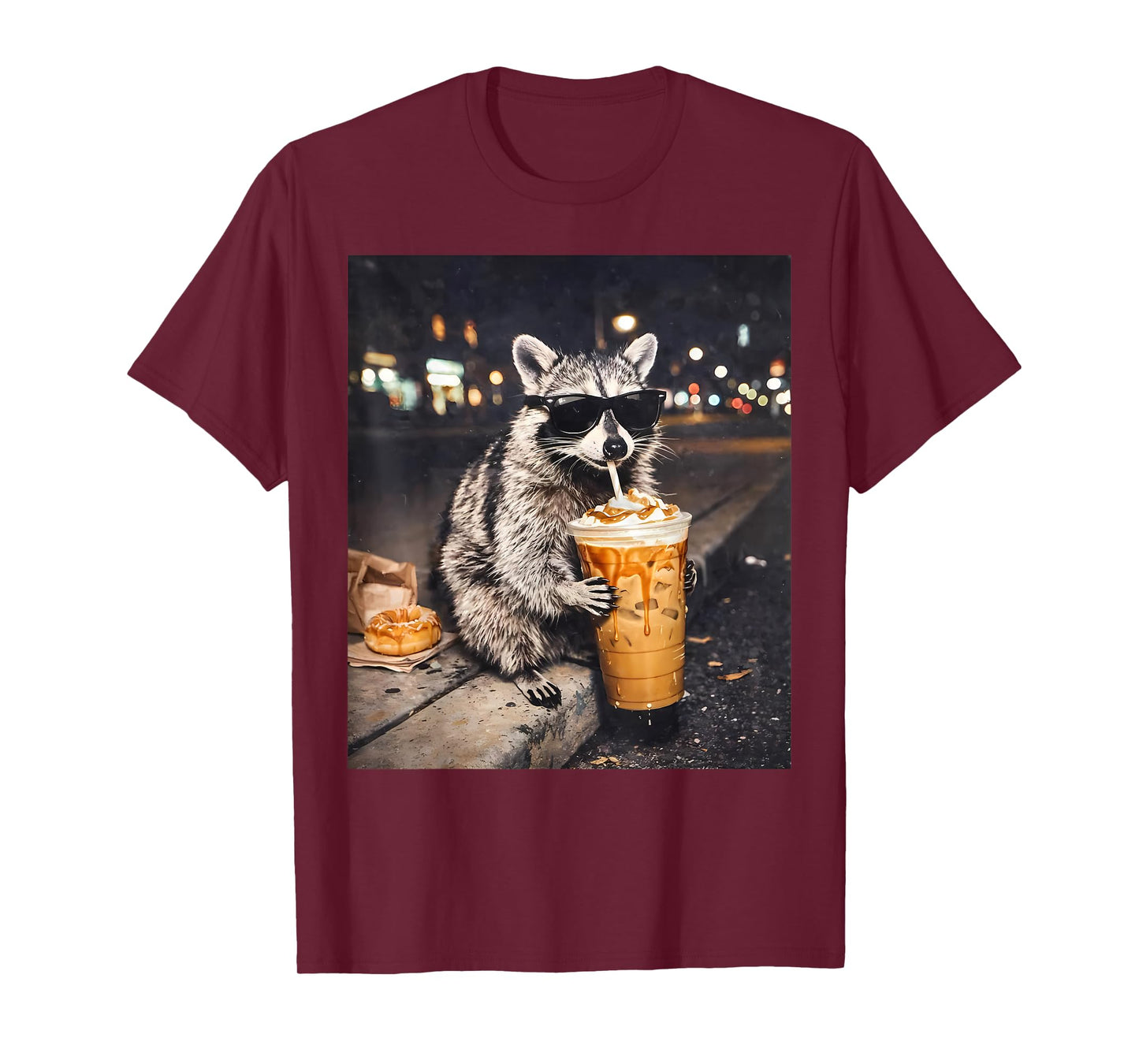 Cool Raccoon Drinking Iced Coffee Animal Meme Graphic T-Shirt