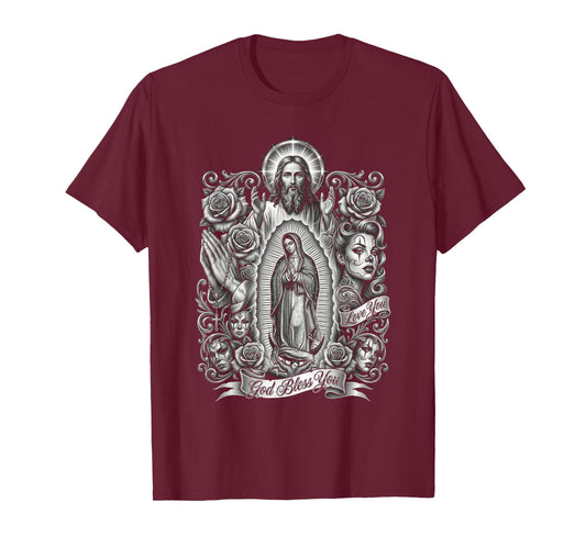 Chicano Style Payasa Jesus Virgin Mary Rosary Religious Art T-Shirt