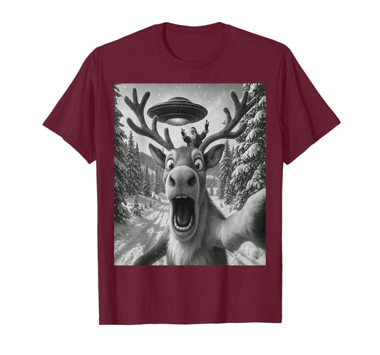 Reindeer Selfie with Alien UFO Funny Cat for Men Women Kid T-Shirt