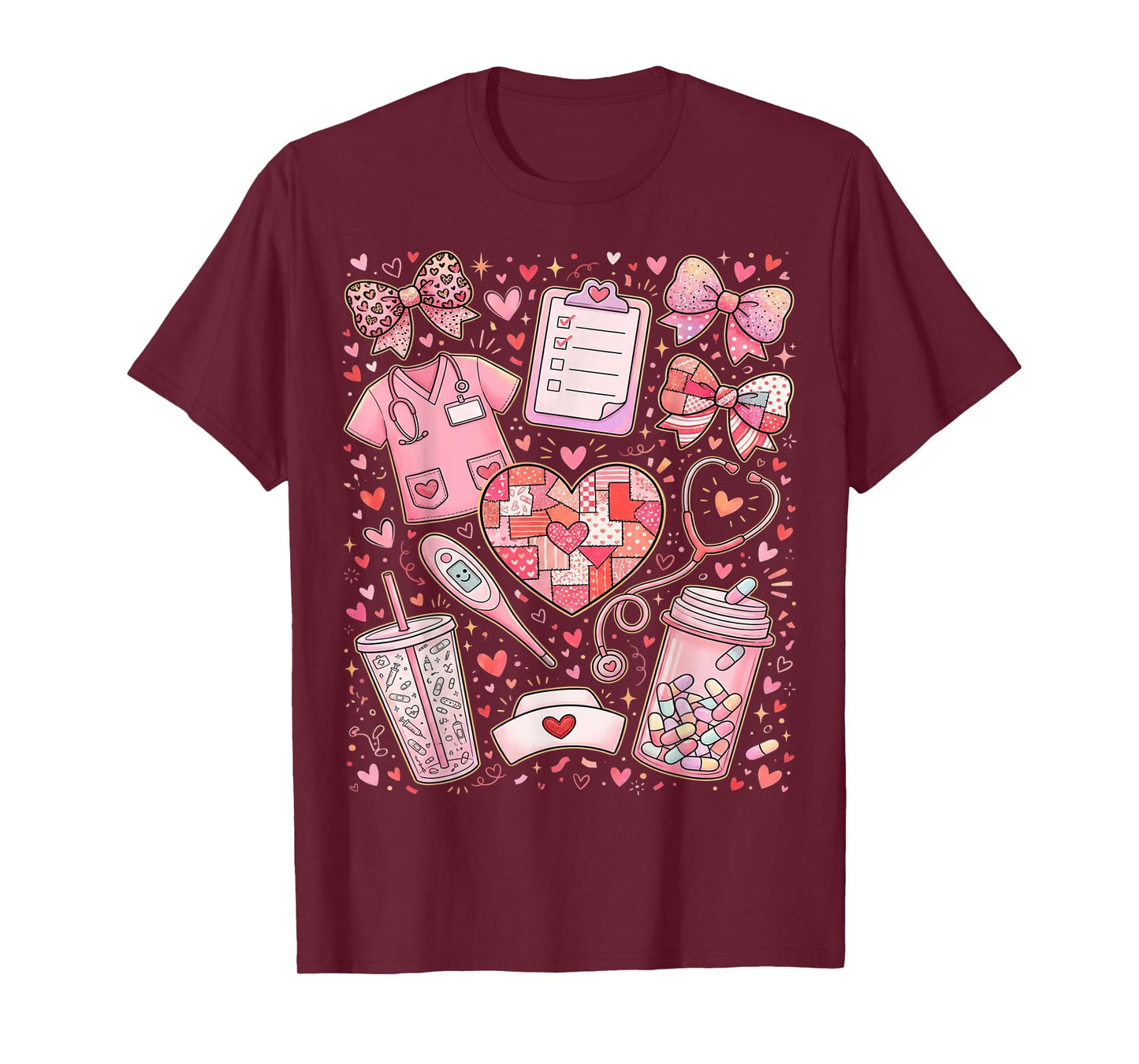 Pink Healthcare ER RN CNA ICU Valentine Nurse Heart Nurses T-Shirt