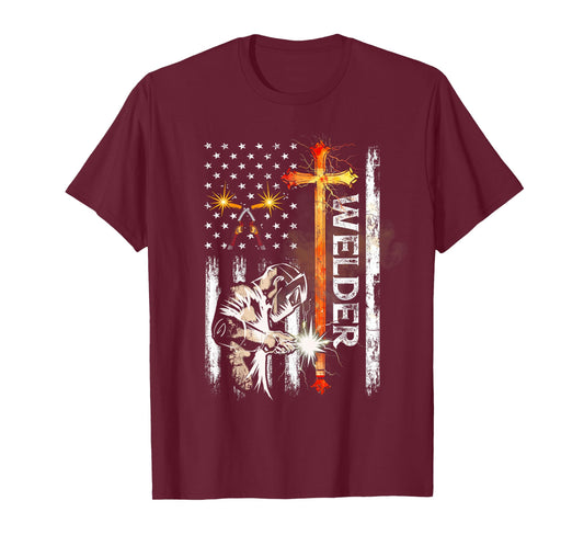 Welder American Flag Welding Faith Cross Christian T-Shirt