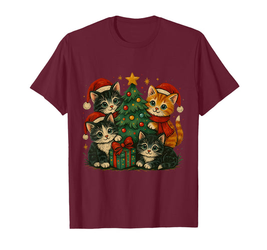 Cute Christmas Kittens – Festive Tree & Gift T-Shirt