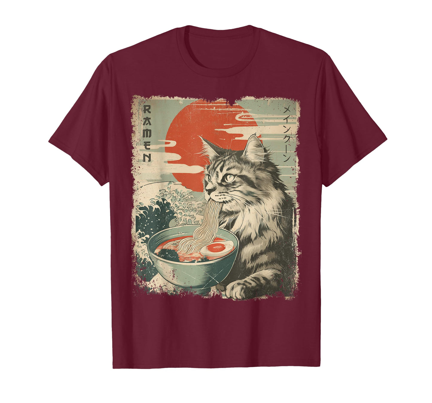 Maine Coon Cat Vintage Ramen Japanese Noodles T-Shirt