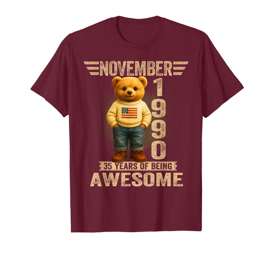 35 Year Old November 1990 Teddy Bear 35th Birthday Men Women T-Shirt