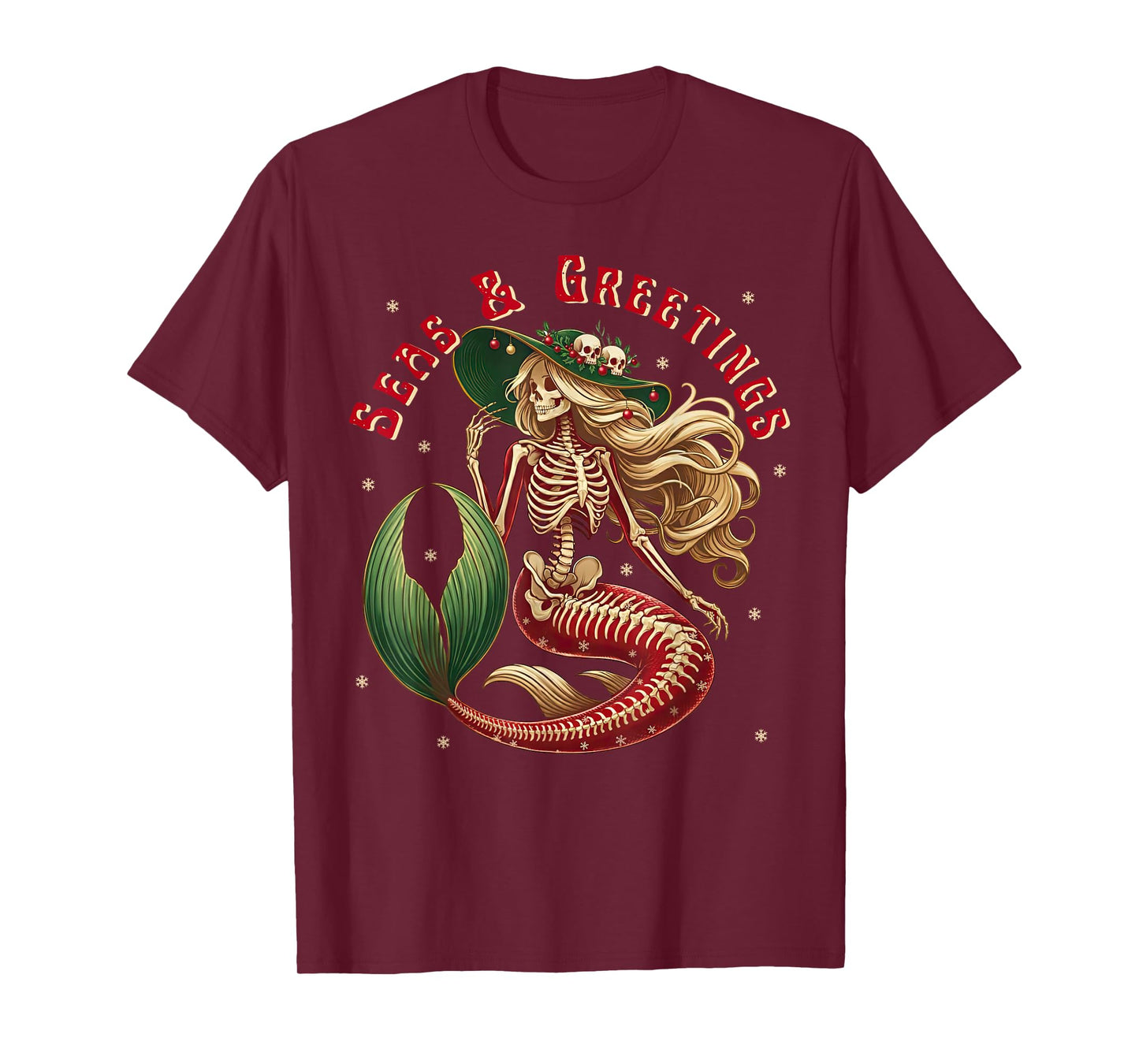 Skeleton Mermaid Christmas Gothic Coastal Beach Vibes Xmas T-Shirt