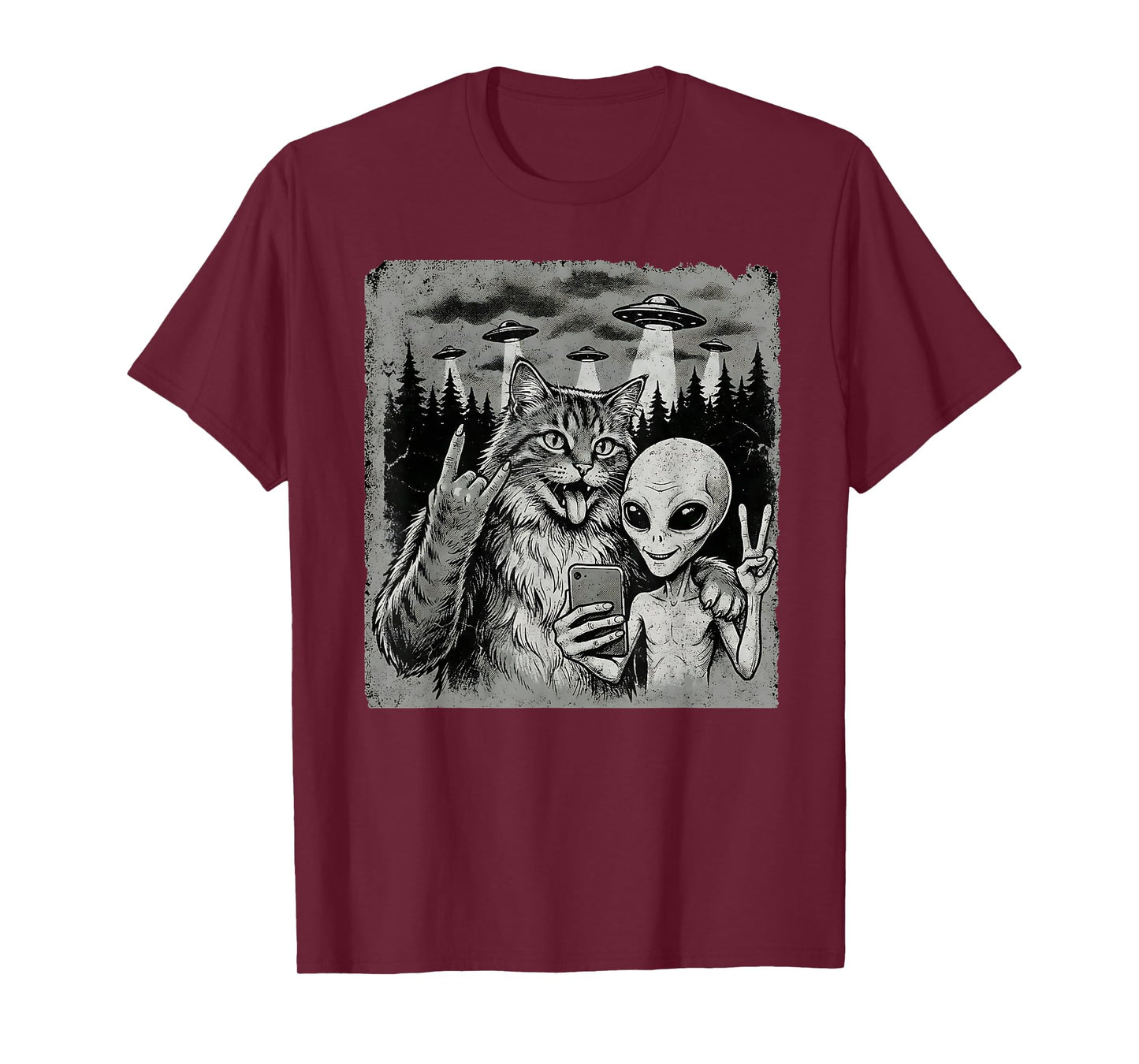 Funny Cat and Alien Rock On Hand Sign UFO Selfie T-Shirt