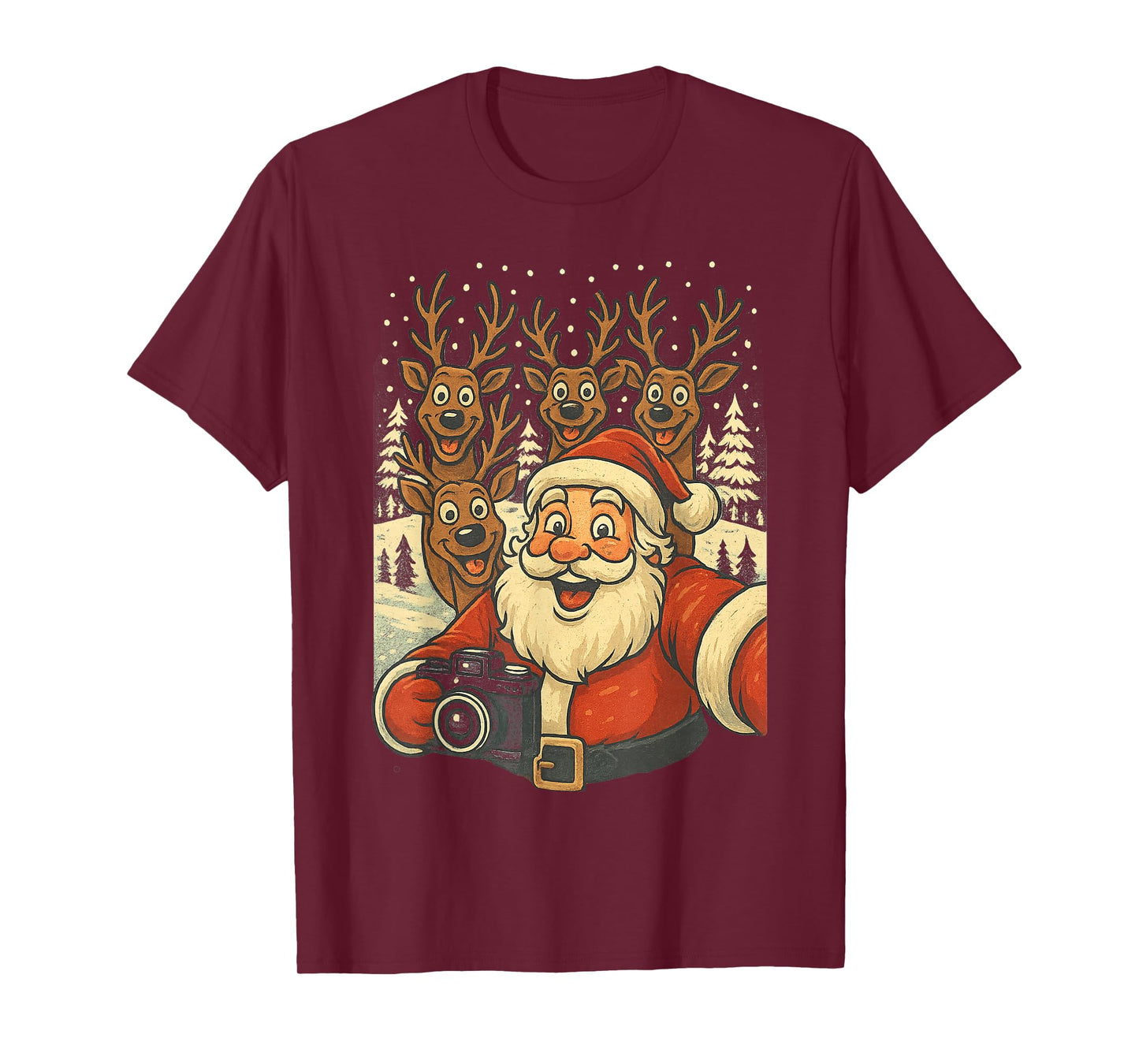 Retro Santa Reindeers Selfie Christmas Shirt Men Women Kids T-Shirt