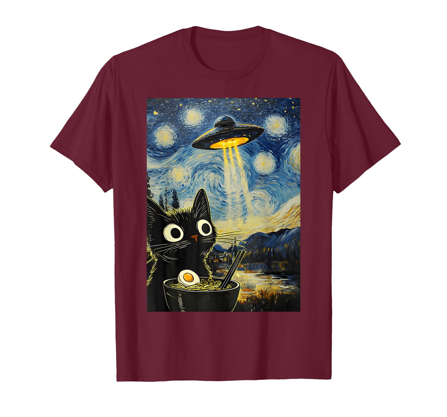 Kawaii Cat Ramen UFO Starry Night Retro Japanese Anime T-Shirt