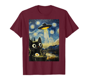 Kawaii Cat Ramen UFO Starry Night Retro Japanese Anime T-Shirt