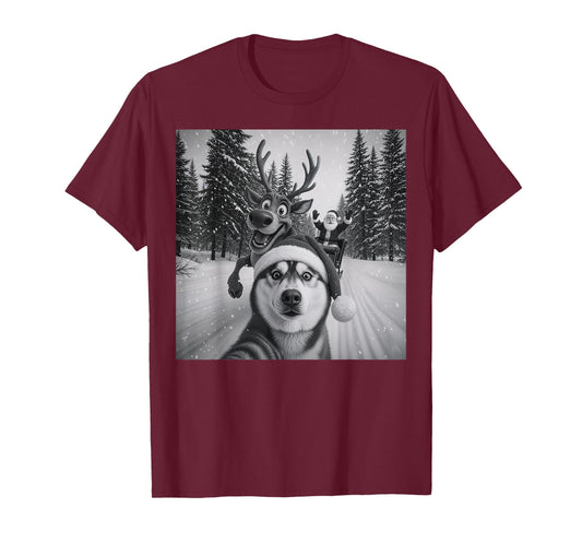 Funny Dog Selfie Christmas Reindeer Boys Husky Christmas T-Shirt