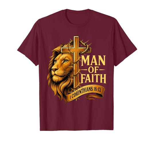 Man of Faith Lion Cross Christian Bible Verse T-Shirt