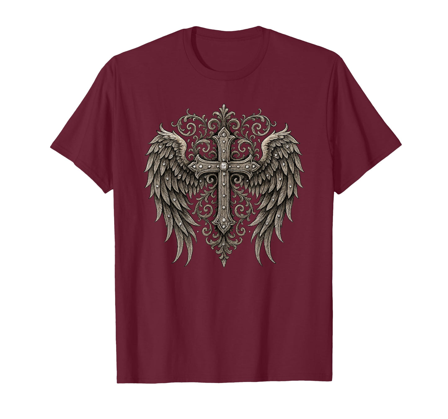 Ornate Cross with Angel Wings - Vintage Christian Faith Embl T-Shirt