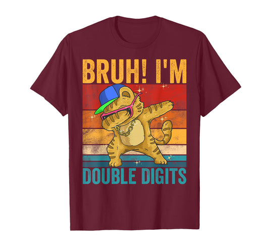 Vintage Bruh I'm Double Digits 10th Birthday Cat Dabbing Boy T-Shirt