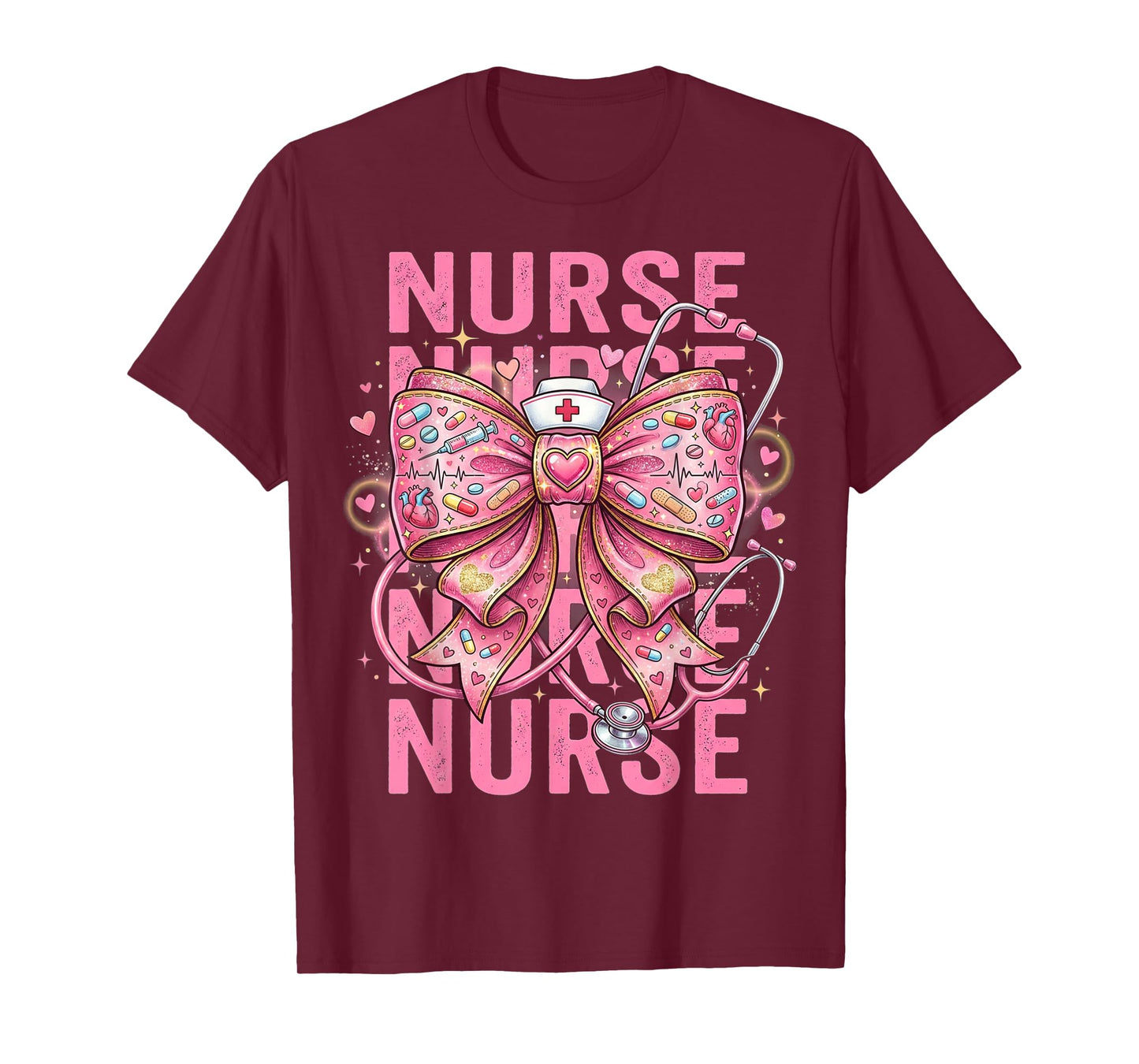 Pink Healthcare ER RN CNA ICU Valentine Nurse Heart Nurses T-Shirt
