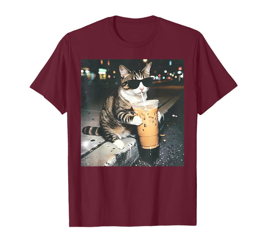 Funny Cat Drinking Iced Coffee Funny Cat Lover Animal Meme T-Shirt