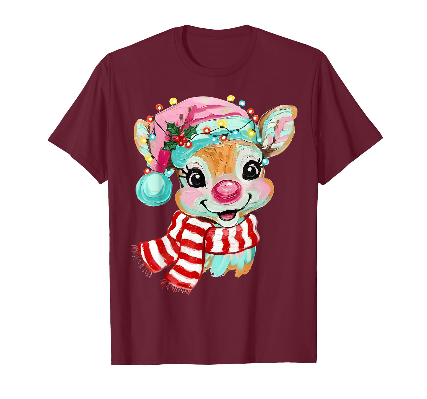 Reindeer Face Merry Christmas Girl Women Kid Painting T-Shirt