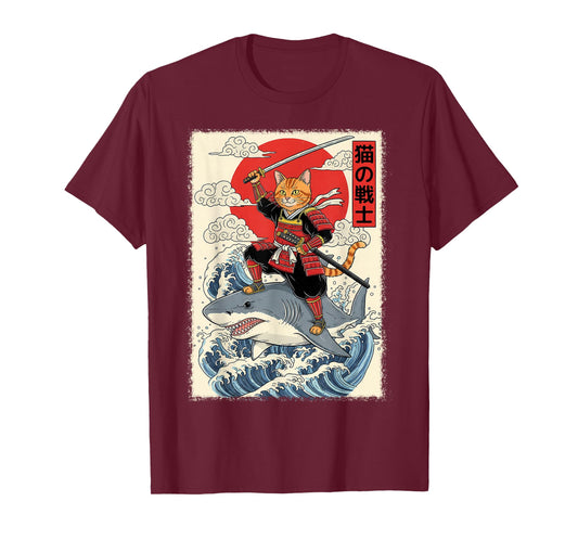 Vintage Anime Cat Japanese Funny Samurai Cat Riding Shark T-Shirt