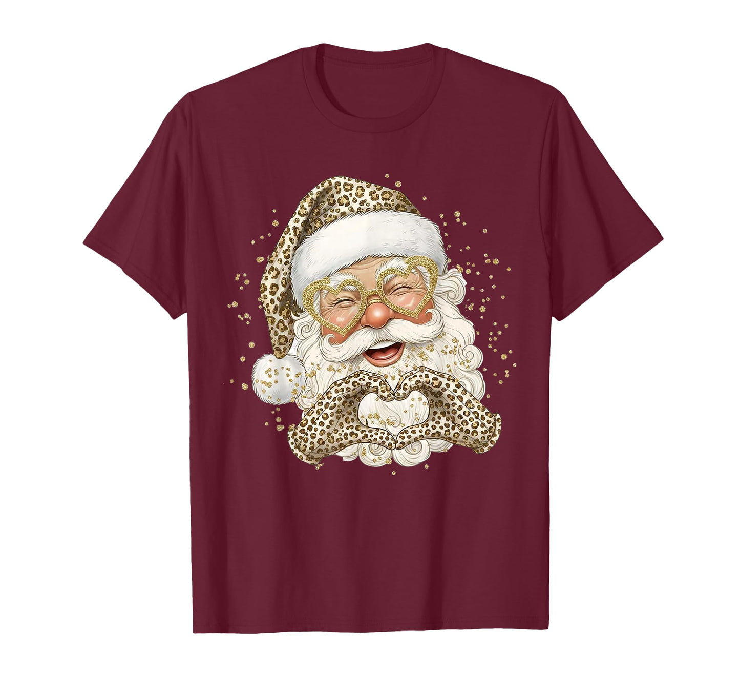 Leopard Santa with Heart Hands Glasses Christmas Holiday T-Shirt