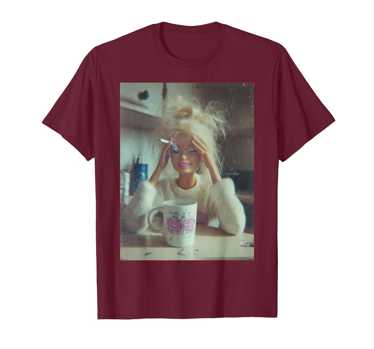Funny Distressed Doll Face Meme Smoking Sarcastic Humor Gift T-Shirt