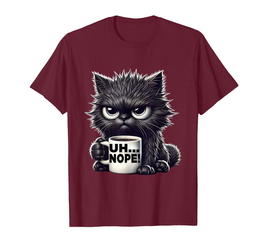 Grumpy Animal Uh Nope Cat Coffee Graphic Tee Funny Cat T-Shirt