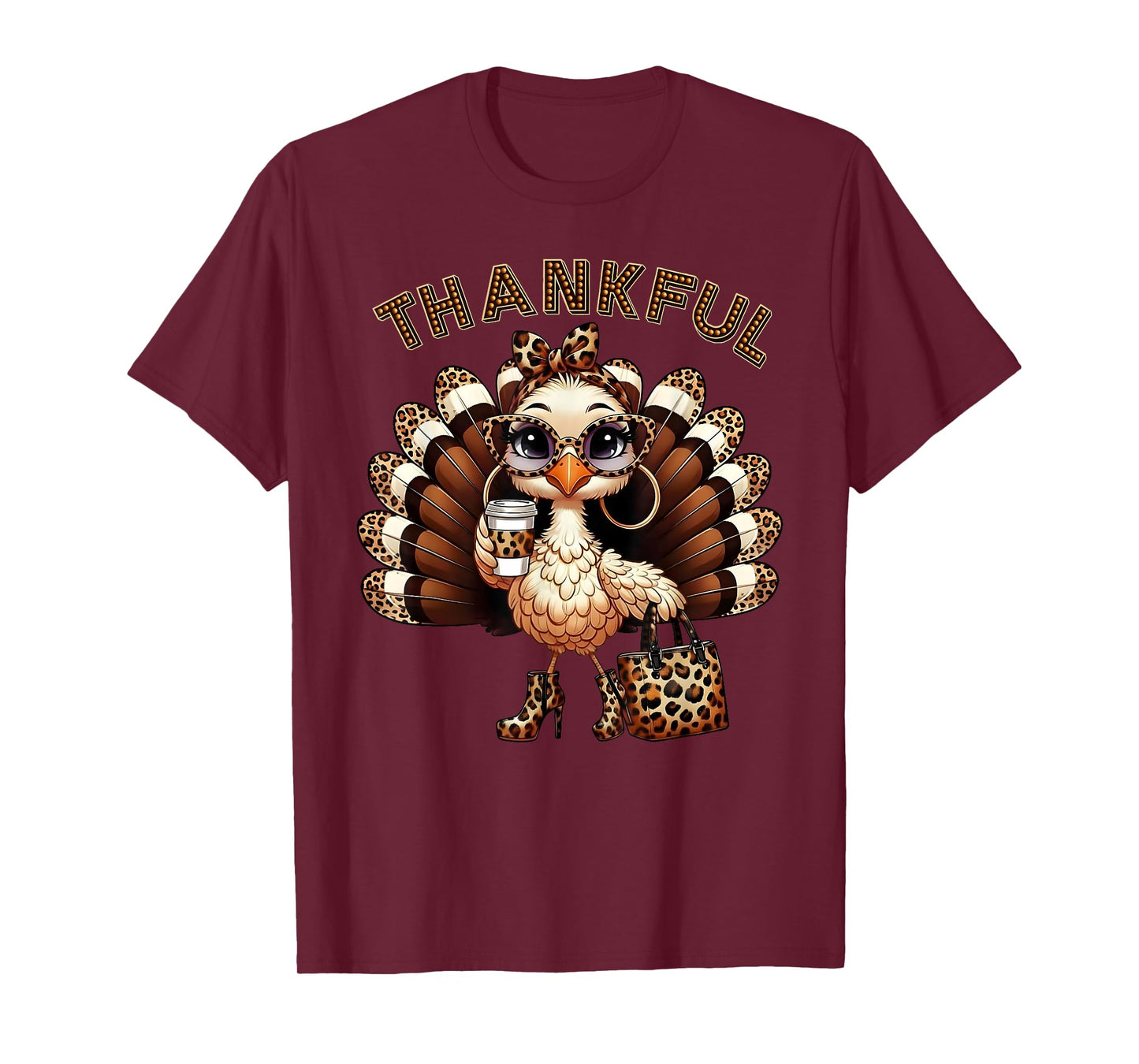 Thankful Leopard Print Thanksgiving Turkey Women Girly T-Shirt