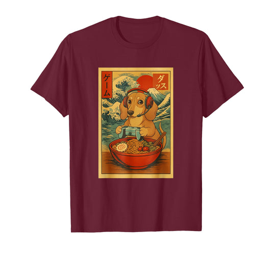 Dachshund Gaming Ramen Japanese Ukiyo-e Great Wave Retro Art T-Shirt