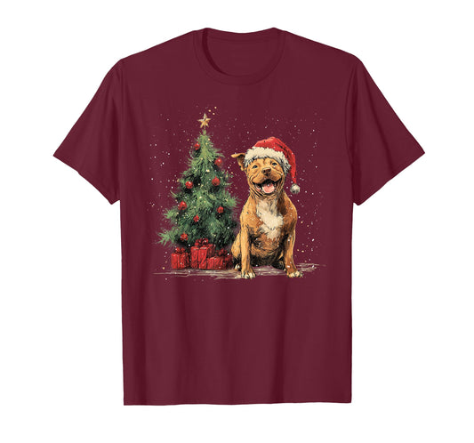 Funny Pitbull Christmas Tree Dog Lights Xmas T-Shirt