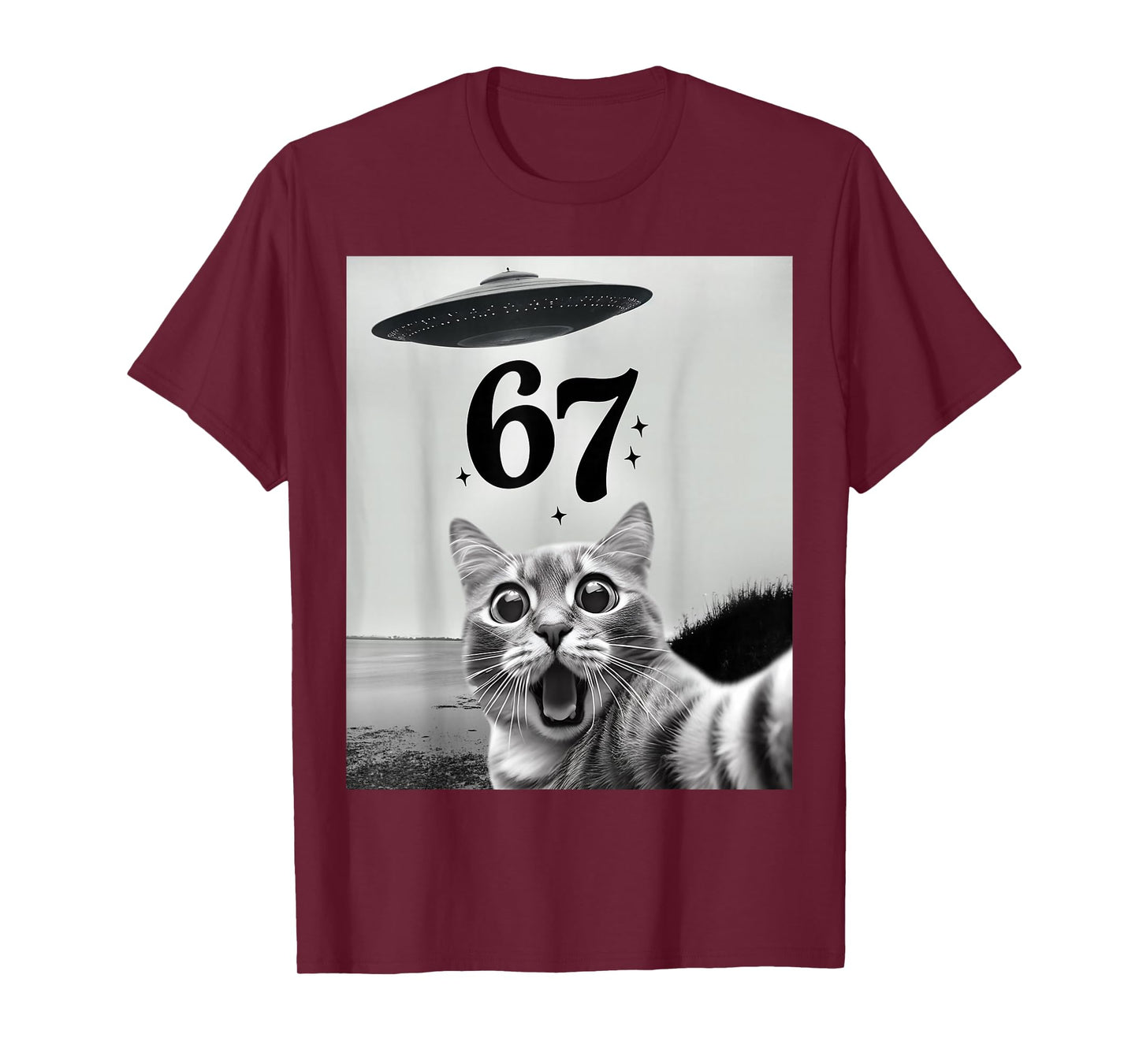 Cat Selfie with Alien UFO and 67 Funny 6 7 for Men Women Kid T-Shirt