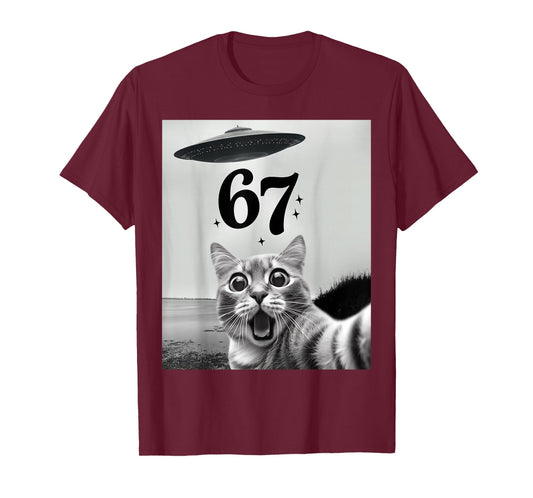 Cat Selfie with Alien UFO and 67 Funny 6 7 for Men Women Kid T-Shirt