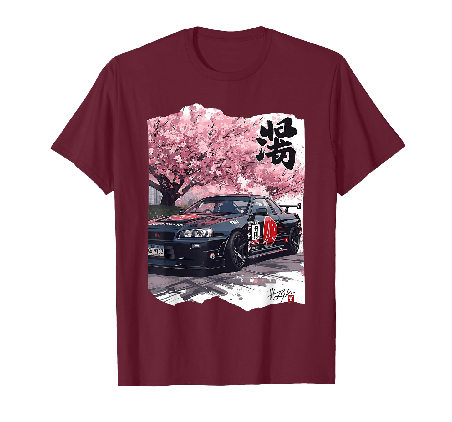 Vintage JDM Drift Race Car Kanji Sakura Flower Blossom Art T-Shirt