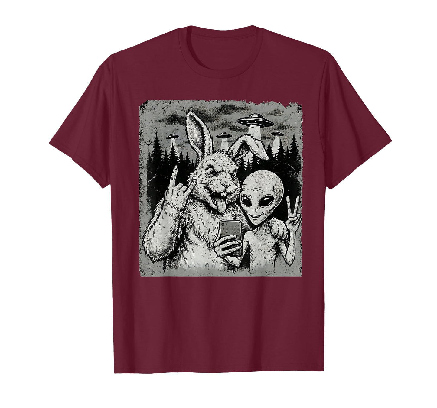 Funny Rabbit and Alien Rock On Hand Sign UFO Selfie T-Shirt