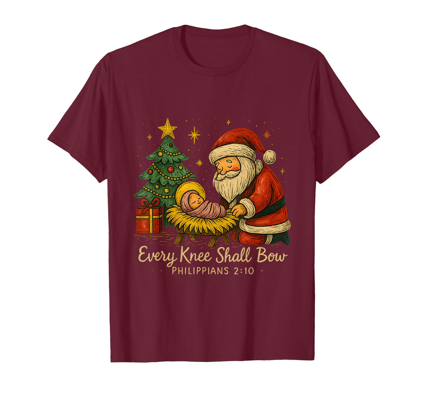 Santa Kneels at Manger – Every Knee Shall Bow Verse T-Shirt