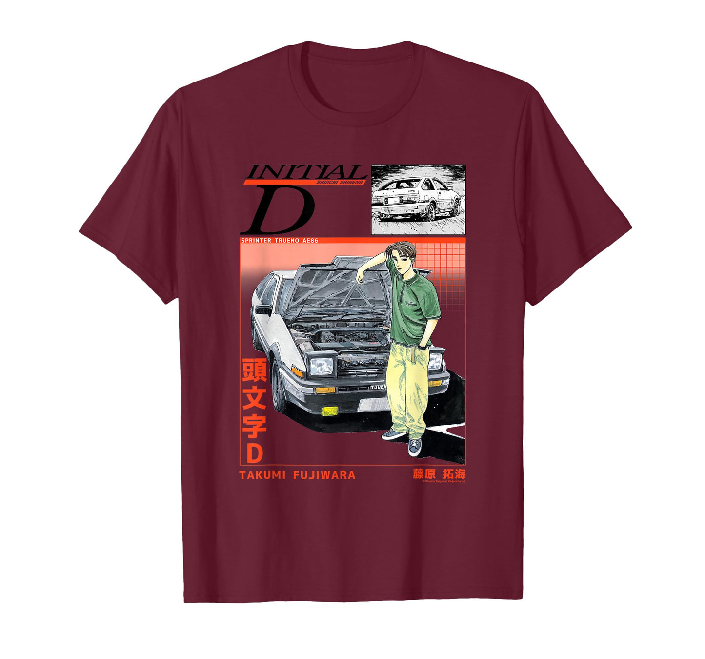 Initial D Takumi Open Hood Car Portrait Manga Anime T-Shirt