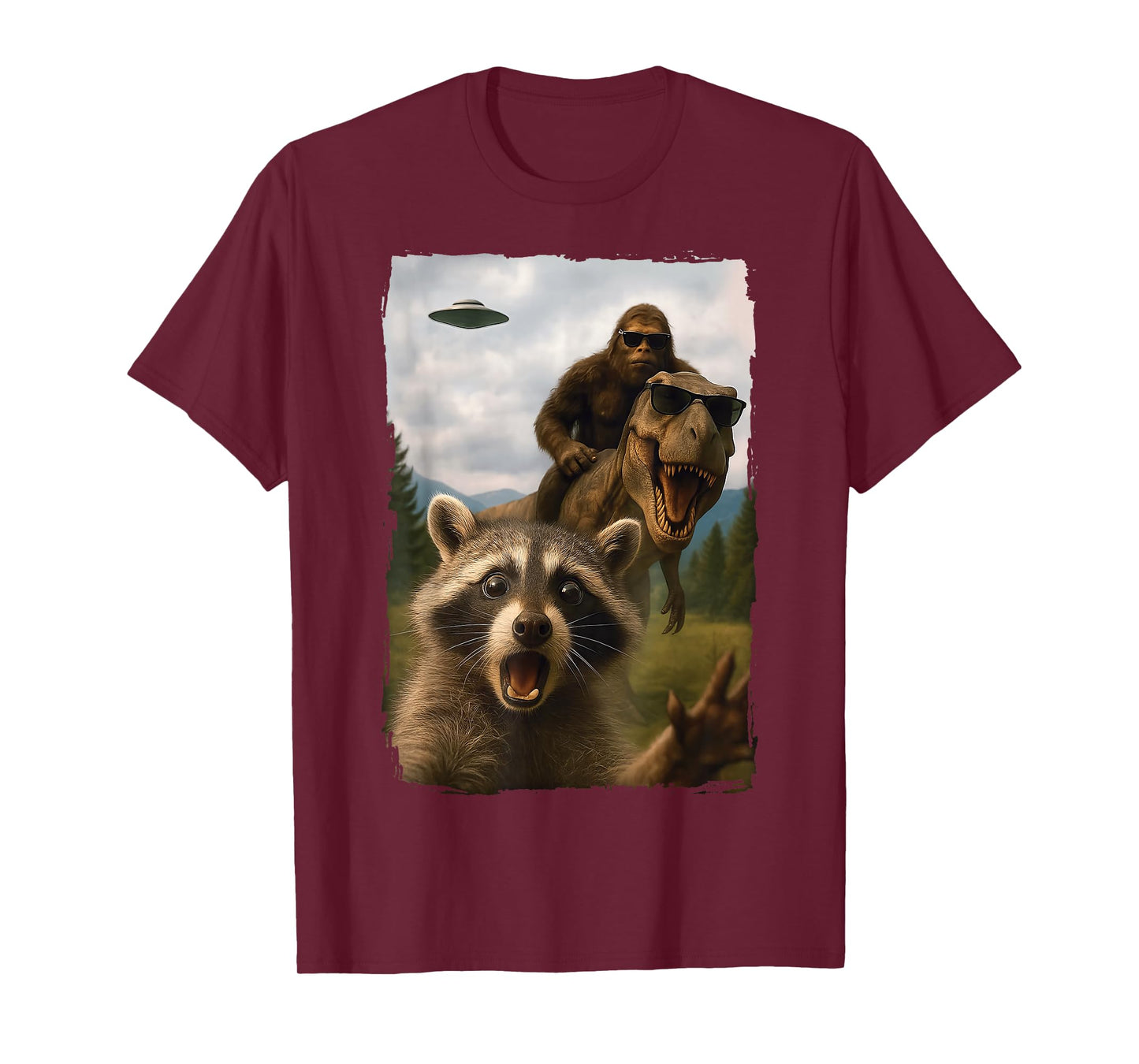 Raccoon Bigfoot T-Rex UFO Selfie T-Shirt