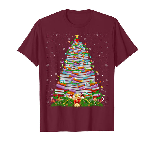 Book Christmas Tree Lights Book Lover Teacher Librarian T-Shirt
