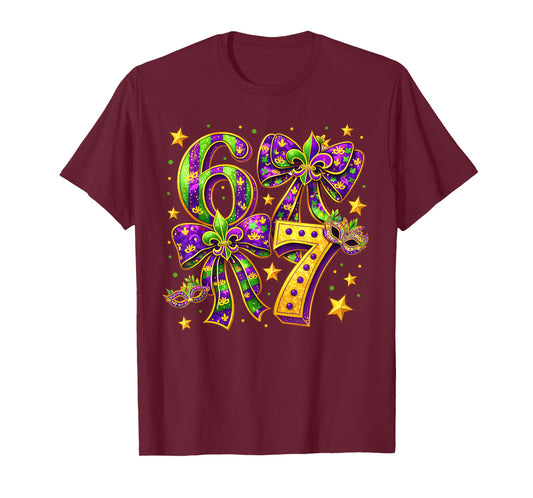 Mardi Gras Six Seven Bow Jester Beads 6 7 Meme Girls Kids T-Shirt