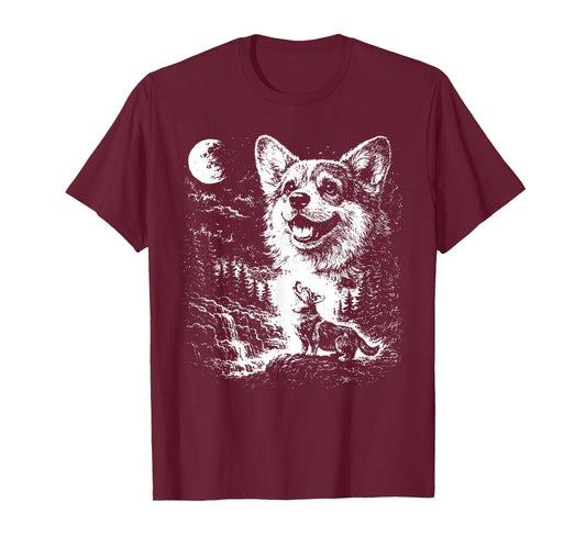 Funny Corgi Howling at The Moon Vintage Mystical Dog Art T-Shirt