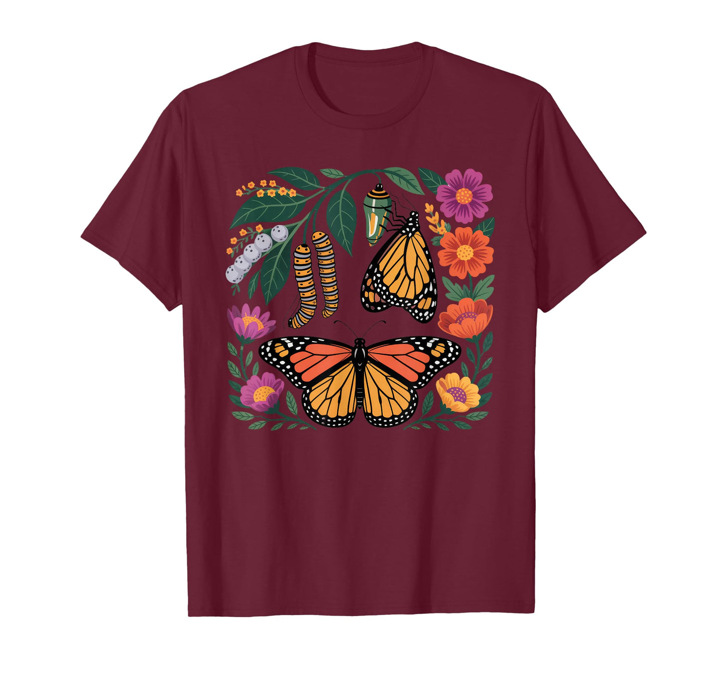 Monarch Butterfly Caterpillar Flowers Metamorphosis T-Shirt